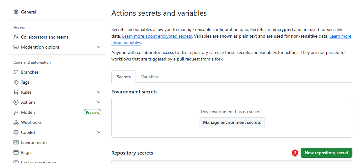 仓库 Secrets 配置页